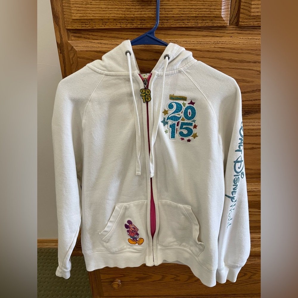 Disney Wold 2015 Women's White Hoodie with Colorful 25th Anniversary Accents
